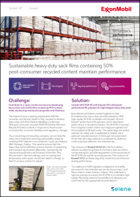 The Selene Group, a leading polyethylene (PE) film converter and recycler based in Italy, wanted to develop heavy duty sack films (Selene NextBag™) containing 50% post-consumer recycled (PCR) PE (Selene Premium Recycle Polymer) content in response to brand owner commitments, consumer feedback and regulatory changes. See how they did it in this case study.