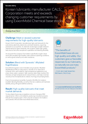 Korean lubricants manufacturer CALS Corporation meets and exceeds changing customer requirement by using ExxonMobil Product Solutions base stocks