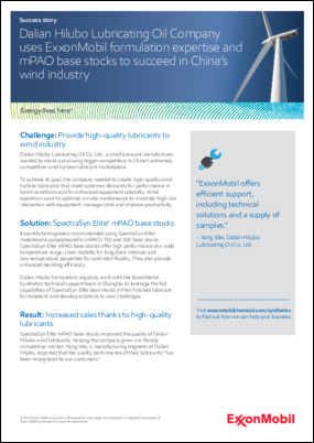 Dalian Hilubo Lubricating Oil Company uses ExxonMobil formulation expertise and SpectraSyn Elite™ mPAO base stocks to succeed in China's wind industry