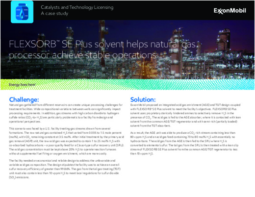 This case study explains how a U.S. gas-treating facility uses FLEXSORB™ SE Plus solvent to exceed its sulfur recovery efficiency targets and maintain high plant reliability. 