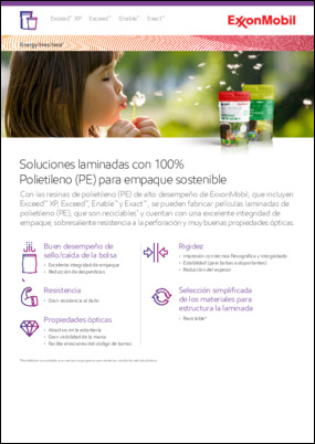 El polietileno de alto rendimiento de ExxonMobil, incluidos Exceed™ XP, Exceed™ y Enable™, permite la fabricación de películas laminadas de PE completas que son reciclables*, con excelente integridad del embalaje, energía de perforación y óptica.