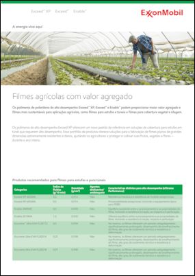 Os polímeros de PE de desempenho Exceed™ XP, Exceed™ e Enable™ podem fornecer filmes mais sustentáveis e de valor agregado para aplicações agrícolas, como filmes de estufa e túnel, filmes de cobertura morta e filmes de silagem.