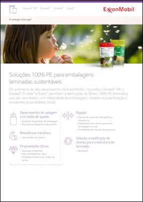 O polietileno de desempenho da ExxonMobil, incluindo Exceed™ XP, Exceed™ e Enable™ permite a fabricação de filmes laminados full PE que são recicláveis*, com excelente integridade de embalagem, energia de perfuração e óptica.