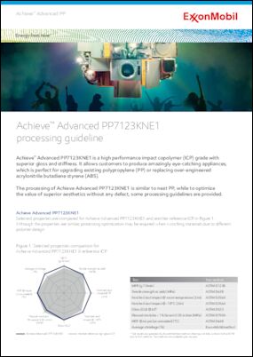 Achieve™ Advanced PP7123KNE1 is a high performance impact copolymer (ICP) grade with superior gloss and stiffness. It allows customers to produce amazingly eye-catching appliances, which is perfect for upgrading existing polypropylene (PP) or replacing over-engineered acrylonitrile butadiene styrene (ABS). The processing of Achieve Advanced PP7123KNE1 is similar to neat PP, while to optimize the value of superior aesthetics without any defect, some processing guidelines are provided.