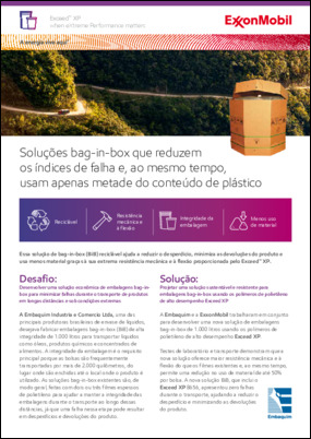 Esta solução bag-in-box (BiB) reciclável ajuda a reduzir o desperdício, minimizar as devoluções de produtos e utiliza menos material graças à extrema tenacidade e resistência a rachaduras flexíveis fornecidas pela Exceed™ XP.