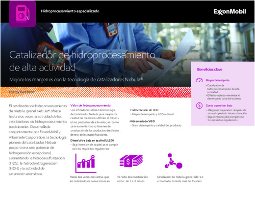 Descubra cómo el catalizador de hidroprocesamiento de metales a granel Nebula® ofrece una actividad hasta dos veces superior a la de los catalizadores tradicionales, lo que ayuda a las refinerías a convertir las materias primas difíciles en gasóleo y otros productos de alto valor.