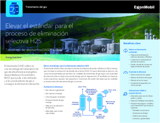 El disolvente OASE sulfexx es una tecnología de tratamiento de gas de alta eficiencia energética desarrollada por ExxonMobil y BASF que ayuda a las refinerías y a los procesadores de gas a conseguir la eliminación del azufre Lea nuestra hoja informativa para obtener más información.
