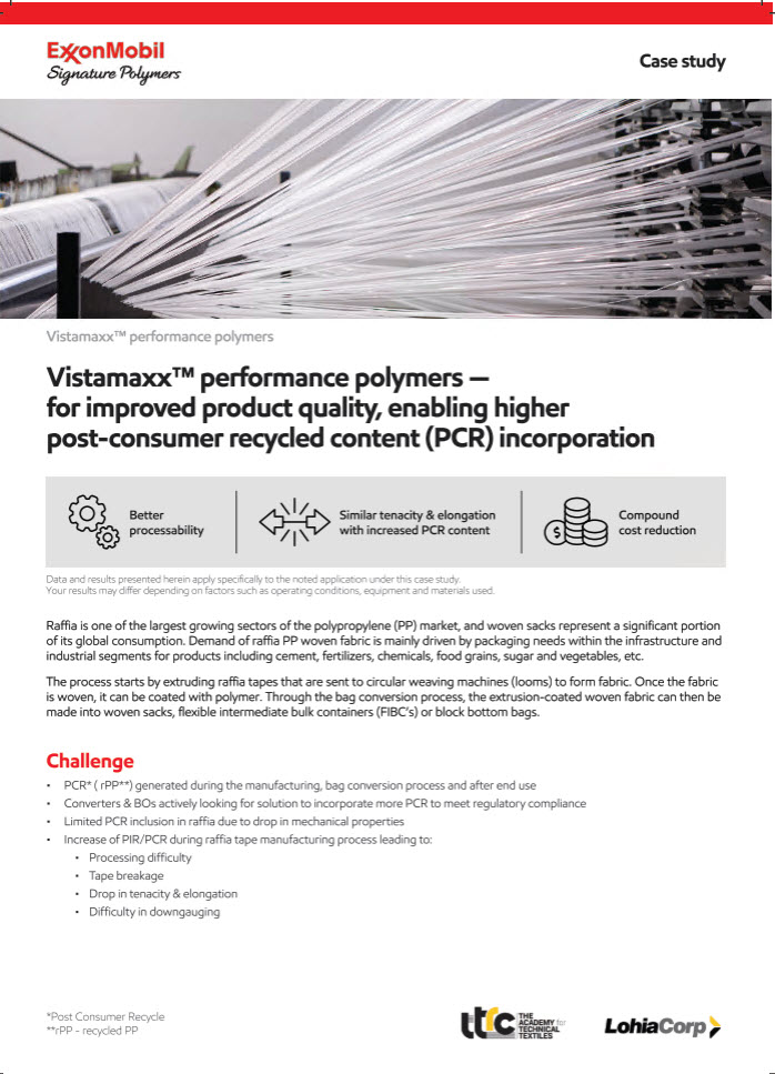Learn how Vistamaxx™ performance polymers helped Lohia group incorporate more post-consumer recycled content (PCR) while maintaining tenacity as well as

elongation properties in raffia production.