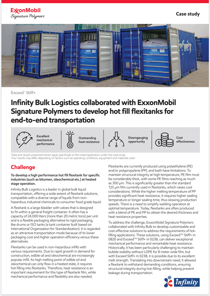 Infinity Bulk Logistics collaborated with ExxonMobil Signature Polymers to develop customizable mono-material hot-fill flexitanks with exceptional performance.