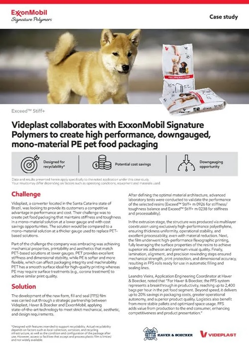 The use of ExxonMobil Signature Polymers resins was a key enabler to reduce the thickness of the FFS film from 180 µm to 160 µm while maintaining the performance levels demanded by the market. Download the case study to learn more.