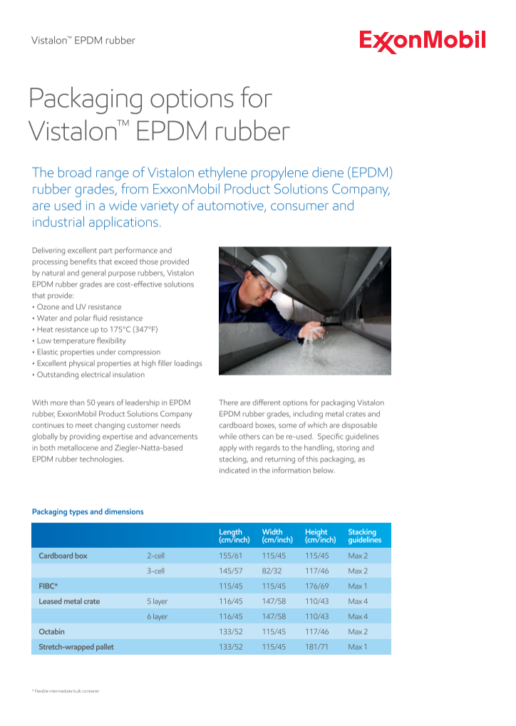 Vistalon EPDM are used in a wide variety of automotive, consumer and industrial applications of packaging. The leaflet provides RTB, packaging types and dimensions etc.


