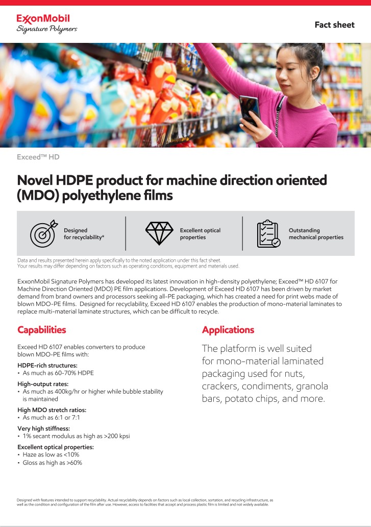 ExxonMobil has developed its latest innovation in high-density polyethylene; ExxonMobil™ HD7165L for Machine Direction Oriented (MDO) PE film applications.

