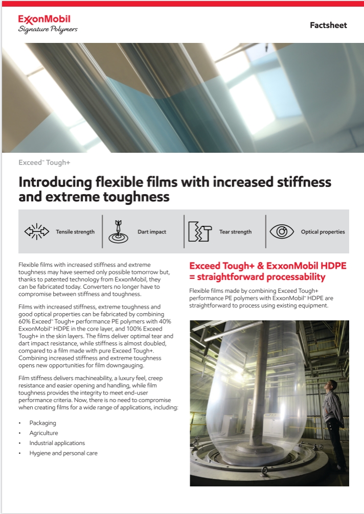 Flexible films with increased stiffness and extreme toughness may have seemed only possible tomorrow but, thanks to patented technology from ExxonMobil, they can be fabricated today. Converters no longer have to compromise between stiffness and toughness.

