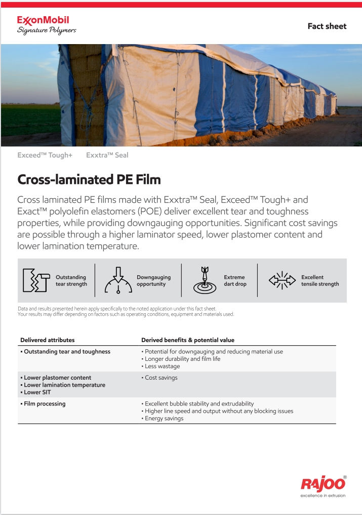 Cross laminated PE films made with Exceed™ Tough+, Exxtra™ Seal and Exact™ performance polymers deliver excellent tear and toughness properties.

