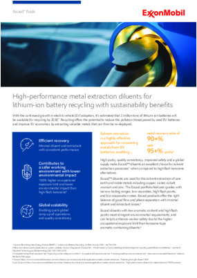 With the continued growth in electric vehicle (EV) adoption, it’s estimated that 2 million tons of lithium-ion batteries will be available for recycling by 2030. Escaid™ diluents is an excellent choice for solvent extraction processes when compared to high flash kerosene alternatives.