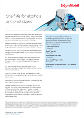 Overview of the shelf life of various alcohols and plasticizers.