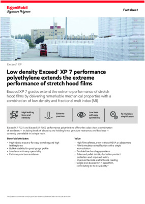 Exceed XP 7 grades extend the extreme performance of stretch hood films by delivering remarkable mechanical properties with a combination of low density and fractional melt index (MI).