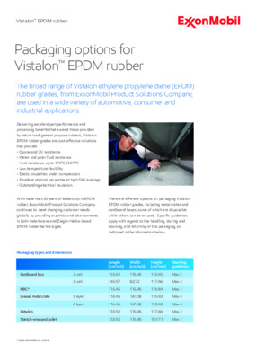 Vistalon EPDM are used in a wide variety of automotive, consumer and industrial applications of packaging. The leaflet provides RTB, packaging types and dimensions etc.