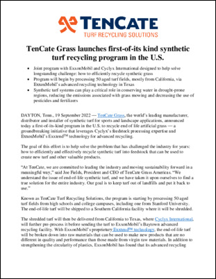 Joint program with ExxonMobil and Cyclyx International designed to help solve longstanding challenge: how to efficiently recycle synthetic grass
