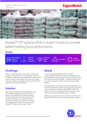 Learn how EPISA, a major plastic film and product manufacturer located in Tlaxcala, Mexico, replaced the ethylene vinyl acetate (EVA) content in their stretch hoods with an ExxonMobil PE performance solution that offers better holding force.