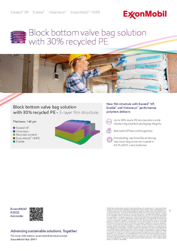 Block bottom valve bag solution with 30% recycled PE
