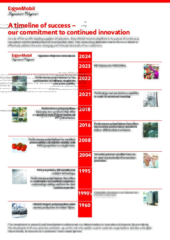 As one of the world’s leading suppliers of polymers, ExxonMobil remains steadfast in its pursuit of continuous innovation and the development of novel product lines. This unwavering dedication stems from our desire to effectively address the ever-changing and intricate demands of our customers.
