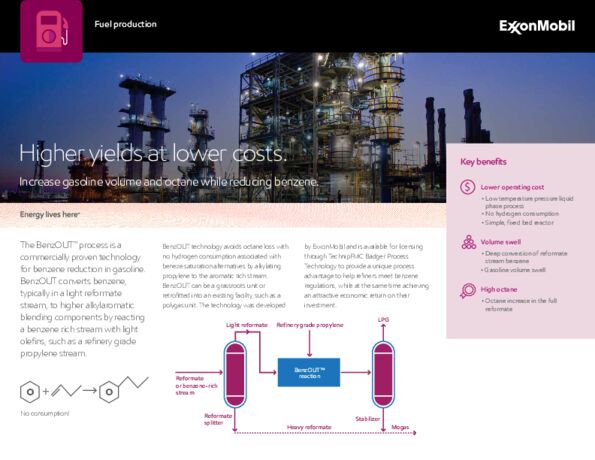 Learn about the ExxonMobil-developed, commercial proven technology for benzene reduction in gasoline, BenzOUT™, which is available for licensing through Badger Licensing LLC.