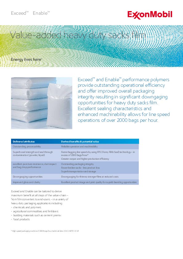 Exceed™ and Enable™ performance polymers provide outstanding operational efficiency and offer improved overall packaging integrity resulting in significant downgaging opportunities for heavy duty sacks film.