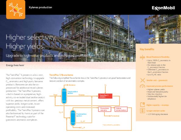 Learn how ExxonMobil’s zeolite catalyst enables the TransPlus℠ 5 process which, in turn, offers superior yields, longer cycles, lower operating costs and increased profitability.
