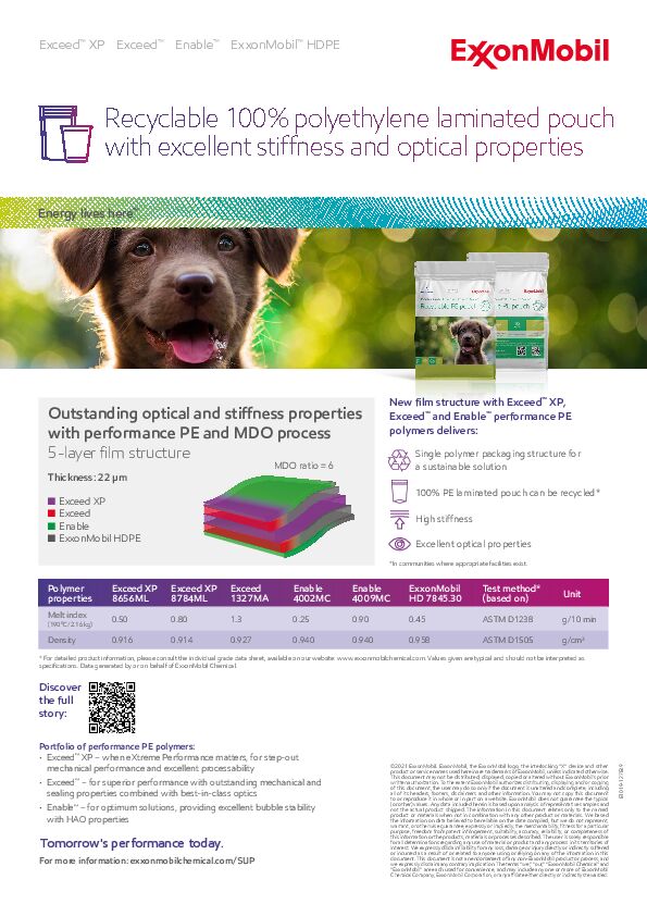 Outstanding optical and stiffness properties with performance PE and MDO process (5-layer film structure)
