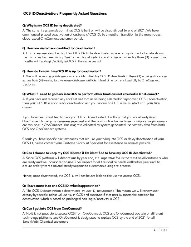 Frequently asked questions (FAQ) for Online Customer Service (OCS) platform users transitioning to the new OneConnect Customer portal.
