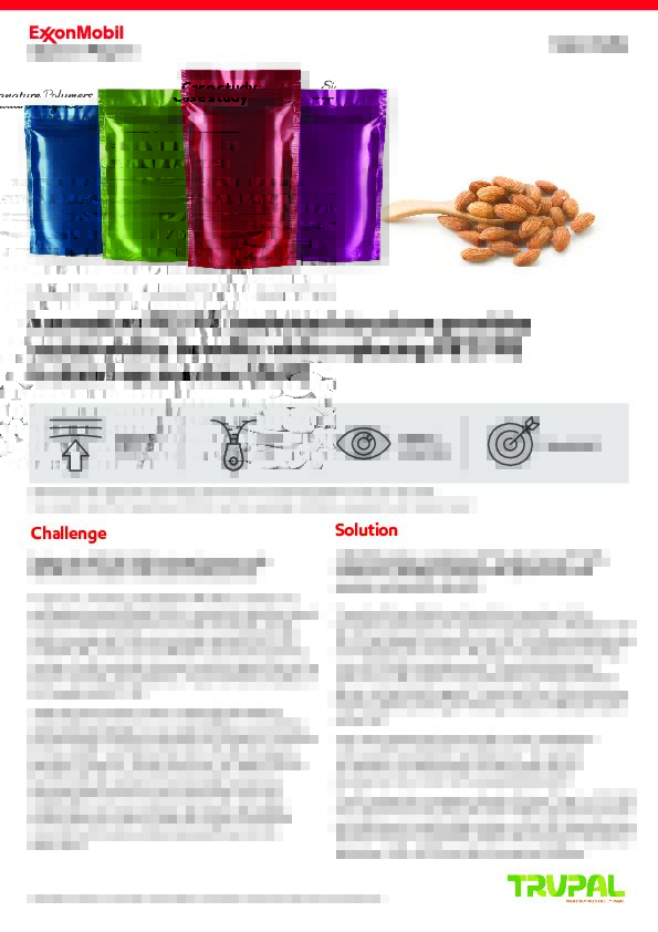 Trupal and ExxonMobil combined their expertise in film converting/packaging and polymer technology to develop a new PE//PE laminated structure for the SUP. Working collaboratively, a laminated structure of two PE plies was developed, resulting in an all-PE fully recyclable pouch.