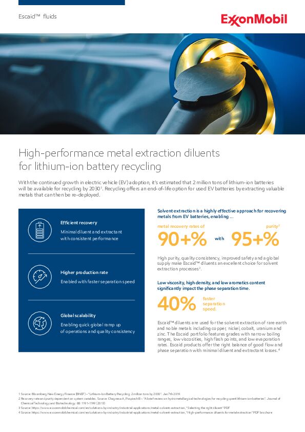 High-performance metal extraction diluents for lithium-ion battery recycling with sustainability benefits
