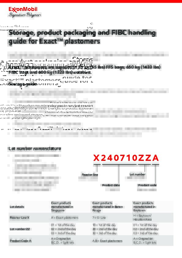 Exact™ plastomers are supplied in 25 kg (55 lbs) FFS bags, 650 kg (1433 lbs) FIBC bags and 600 kg (1323 lbs) octabins.