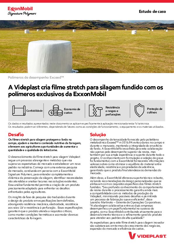 A Videplast cria filme stretch para silagem fundido com os polímeros exclusivos da ExxonMobil