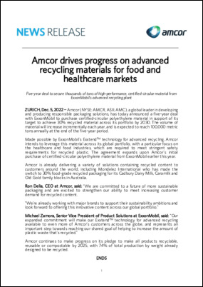 Five-year deal to secure thousands of tons of high-performance, certified-circular material from ExxonMobil’s advanced recycling plant