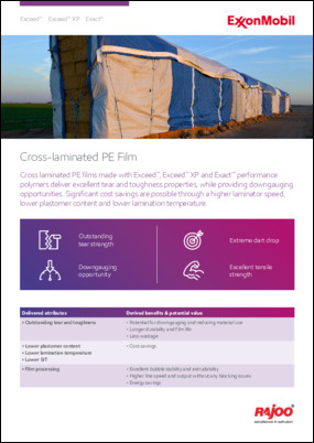 Cross laminated PE films made with Exceed™, Exceed™ XP and Exact™ performance polymers deliver excellent tear and toughness properties.