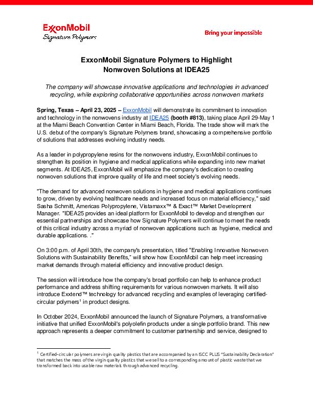 ExxonMobil will showcase innovative applications and technologies in advanced recycling, while exploring collaborative opportunities across nonwoven markets

