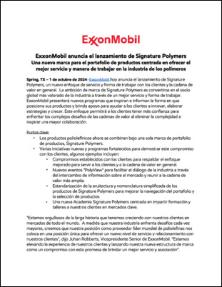 ExxonMobil anuncia el lanzamiento de Signature Polymers Una nueva marca de cartera centrada en ofrecer el mejor servicio y asociación en la industria de los polímeros