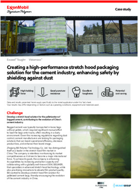 Working together, Zhejiang Bili, BEUMER and ExxonMobil created a stretch hood film with Exceed™ Tough+ m 0512 metallocene polyethylene and Vistamaxx™ 6102FL performance polymers for the palletization of bagged cement.