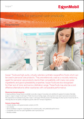 Isopar™ fluids are high purity, virtually odorless synthetic isoparaffinic fluids ideally suited for personal care products. They are extensively used as a viscosity reducing agent for personal care products due to their compatibility with many non-polar ingredients and good spreadability properties. Isopar fluids are also recognized for their lack of color and narrow distillation range. These fluids could also be a cost effective alternative to other isoalkanes with comparable performance.