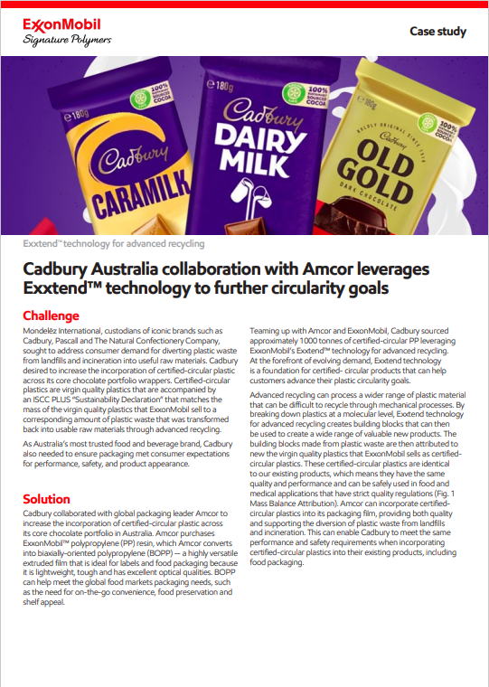 Cadbury Australia's collaboration with Amcor leverages Exxtend™ technology for advanced recycling to further circularity goals