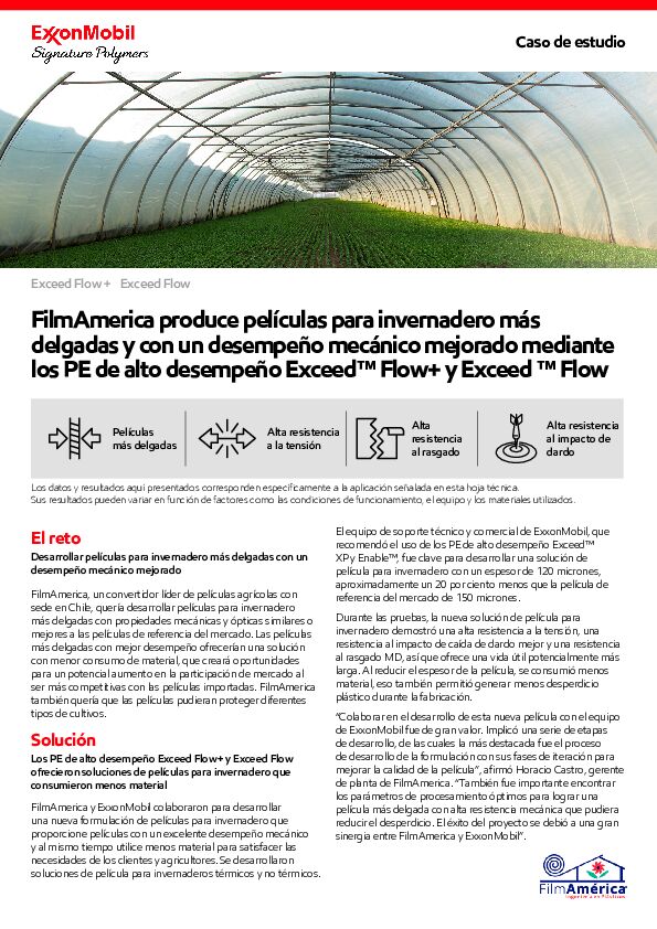 FilmAmerica ofrece películas de invernadero más delgadas y un rendimiento mecánico mejorado utilizando Exceed™ Flow+ y Exceed™ Flow performance PE