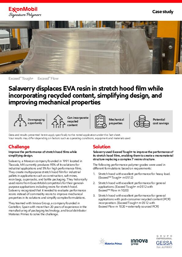 Learn how Salaverry displaced EVA resin in stretch hood film while incorporating recycled content, simplifying design, and improving mechanical properties