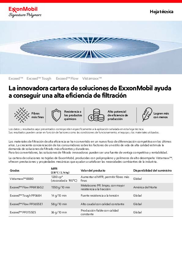 El portafolio de soluciones no tejidas de ExxonMobil, producidas con polipropileno y polímeros de alto rendimiento Vistamaxx™, ofrece rendimiento y propiedades mecánicas para ayudar a satisfacer las necesidades cambiantes de la industria.
