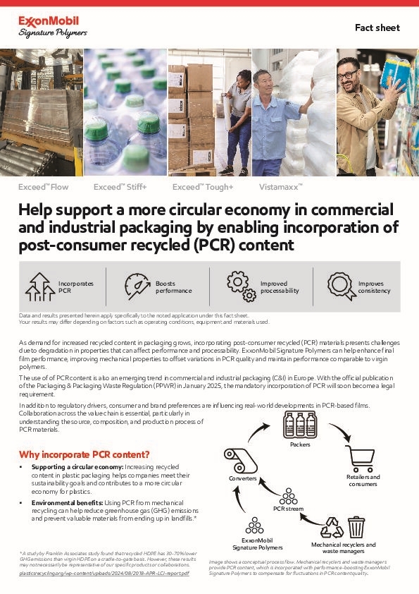 Want to take your commercial and industrial packaging solutions with PCR content to the next level? Discover how ExxonMobil Signature Polymers can help!