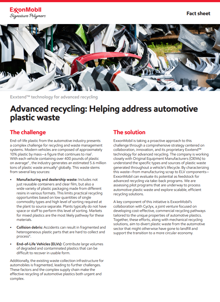 End-of-life plastic from the automotive industry presents a complex challenge for recycling and waste management systems. Addressing automotive plastic waste requires a shift in mindset—from viewing it as a disposal problem to recognizing it as a valuable resource. Rather than ending up in landfills, these materials can be remanufactured into new, high-quality products such as fuel, lubricants and plastics. 