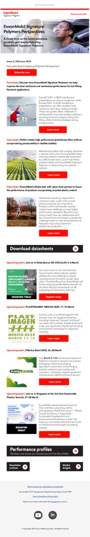 Dive into the latest issue of ExxonMobil Signature Polymers Perspective and uncover cutting-edge polymer-based solutions that can help transform your products.
