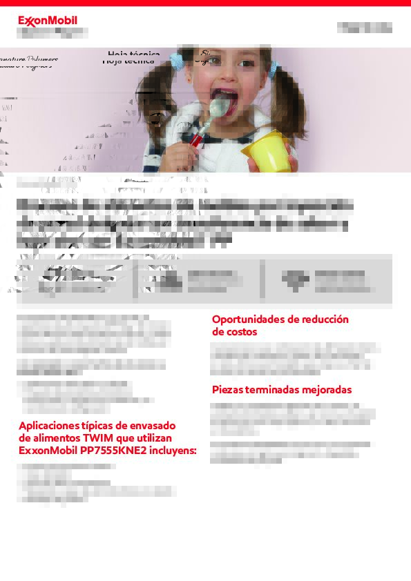 ExxonMobil™ PP7555KNE2 es una resina copolímer de alto impacto (MFR 50 g/10 min) con características de bajo olor y transferencia de sabor, ideal para aplicaciones de alimentos de moldeo por inyección de pared delgada (TWIM).
