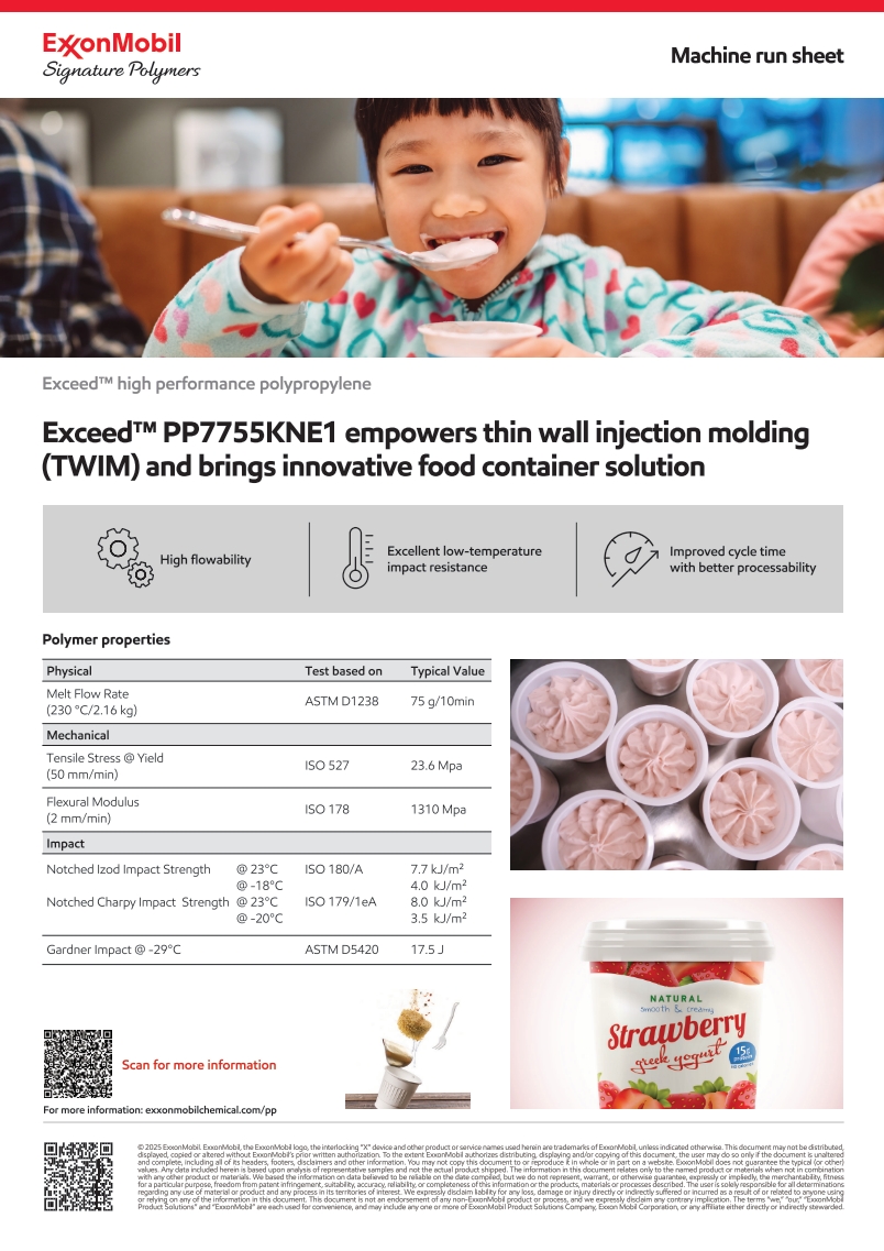 Machine run sheet: Exceed™ PP7755KNE1 empowers thin-wall injection molding (TWIM) and brings innovative food container solutions to the market
